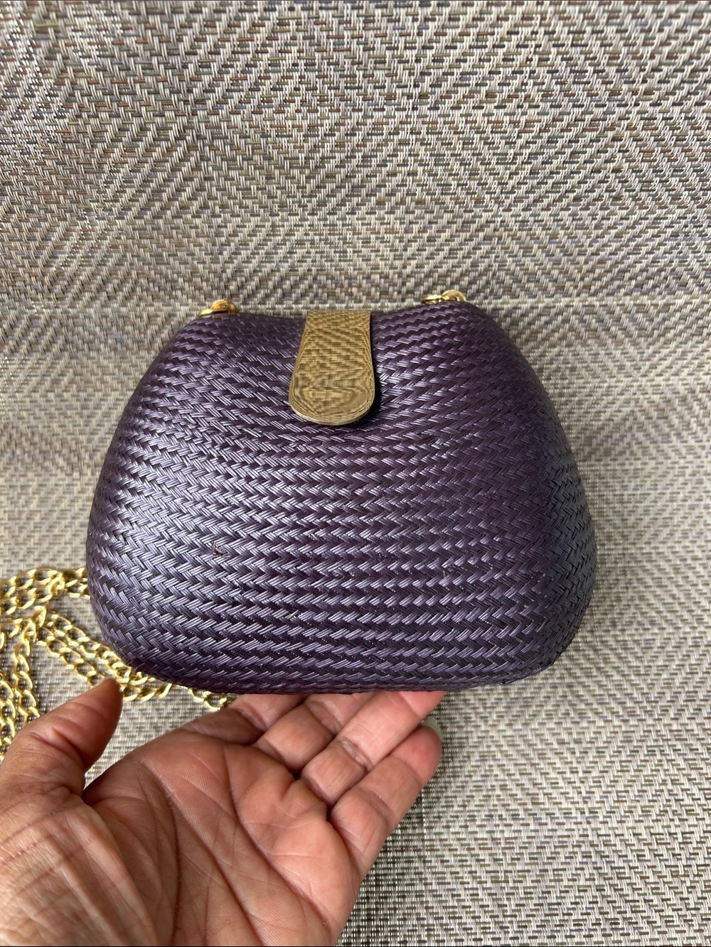 Desenyo Buntal Vintage Woven Plum Crossbody Bag with Gold Chain.